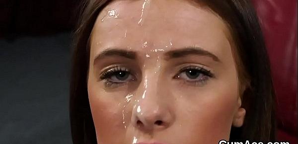  Feisty honey gets sperm load on her face eating all the spunk